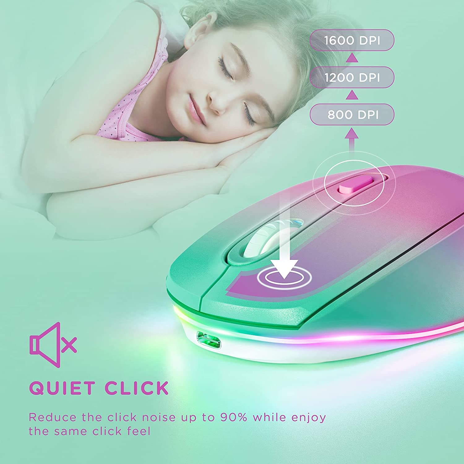 Seenda Wireless Mouse, Rechargeable Light Up Mouse For Laptop, Small Cordless Mice With Quiet Click Led Rainbow Lights For Pc Computer Kids Chromebook Windows Mac, Gradient Purple